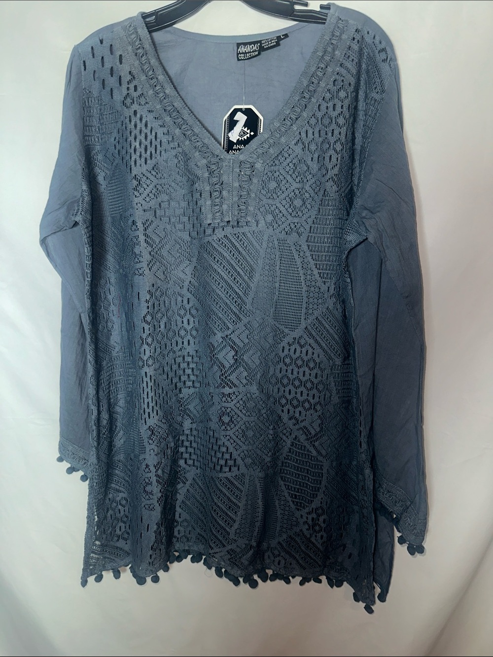 Blue knit V-Neck Tunic Top with Pom-Pom Hem